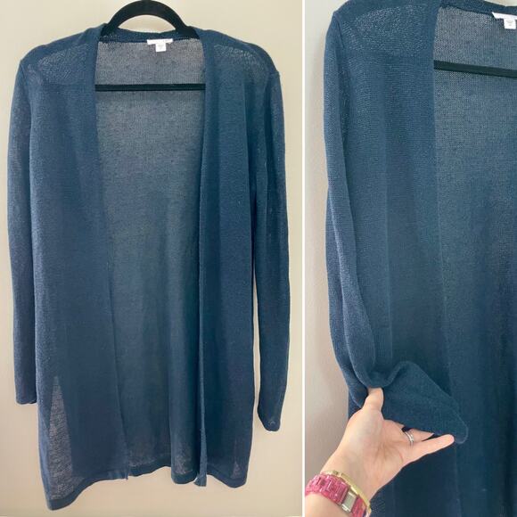 J. Jill Open Front Long Sleeve Dusky Teal Navy‎ Linen Blend Cardigan XS/S - Picture 1 of 8